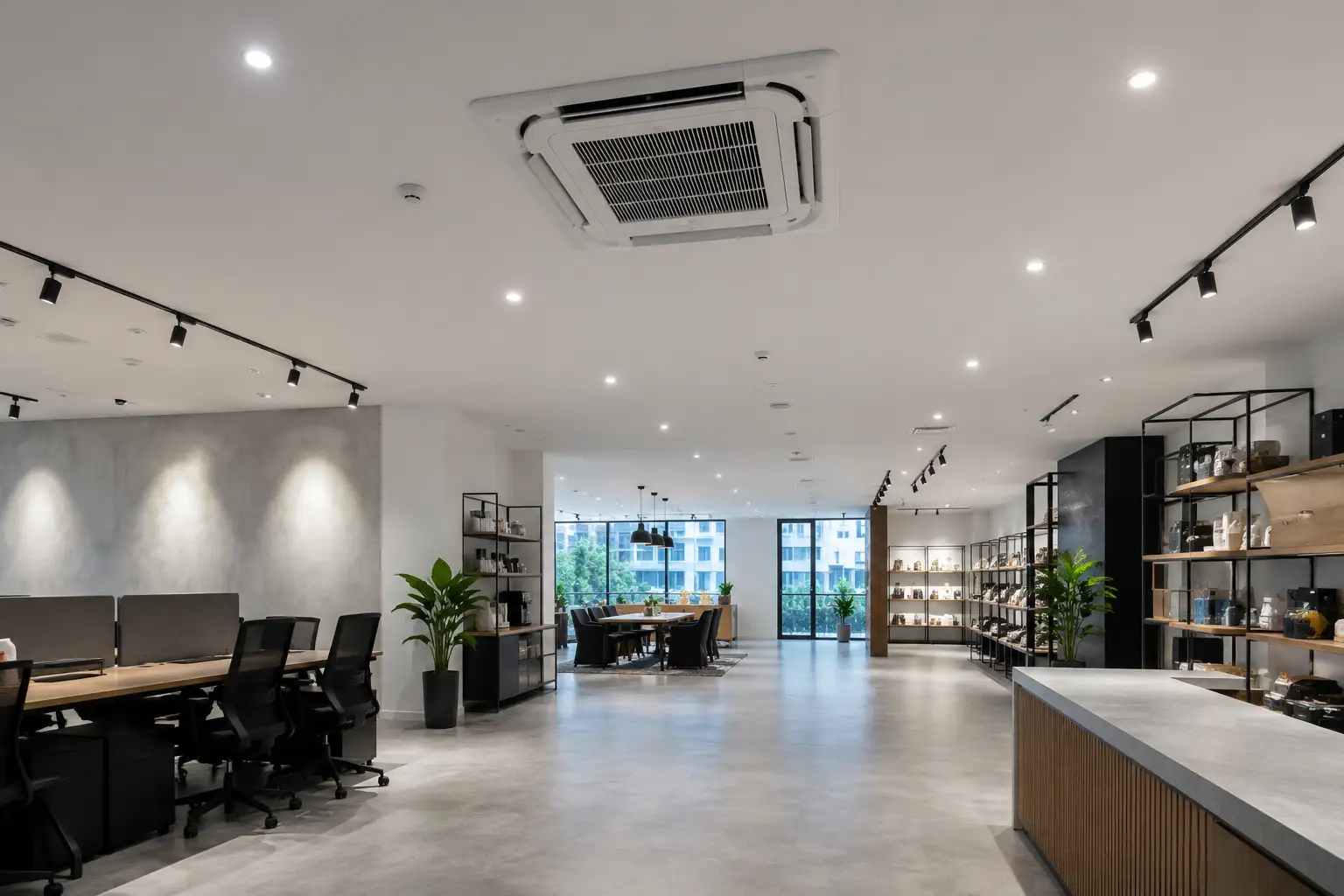 Ceiling-mounted cassette aircon unit in a commercial office space