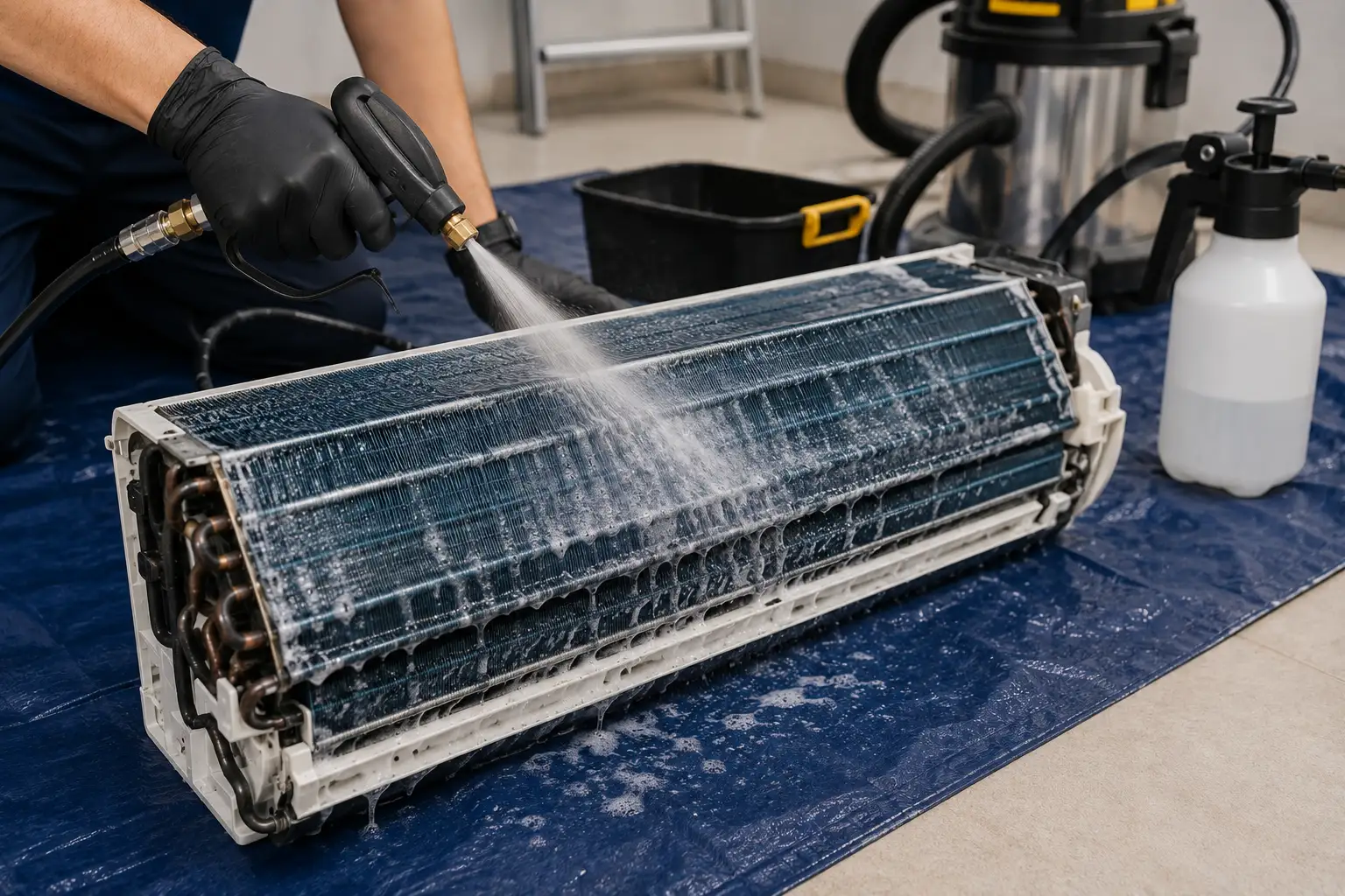 Technician cleaning aircon coil fins with chemical solution