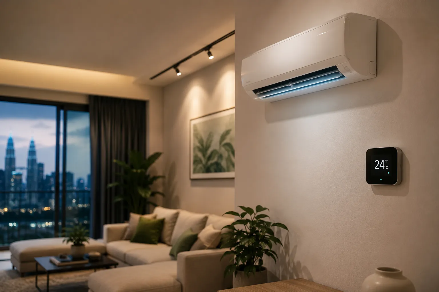 Wall-mounted aircon unit in a modern living room
