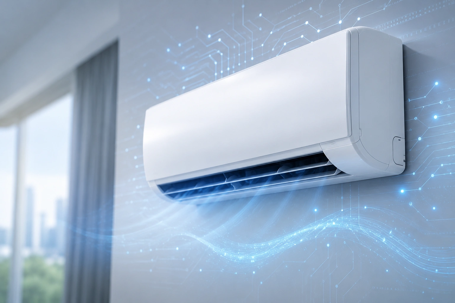 Modern inverter air conditioning unit on a white wall